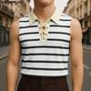 INCERUN Men Lapel Collar Sleeveless Stitching Striped Casual Loose Tank Tops