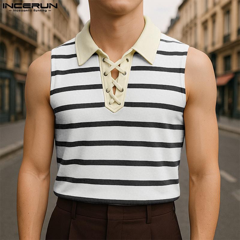 INCERUN Men Lapel Collar Sleeveless Stitching Striped Casual Loose Tank Tops