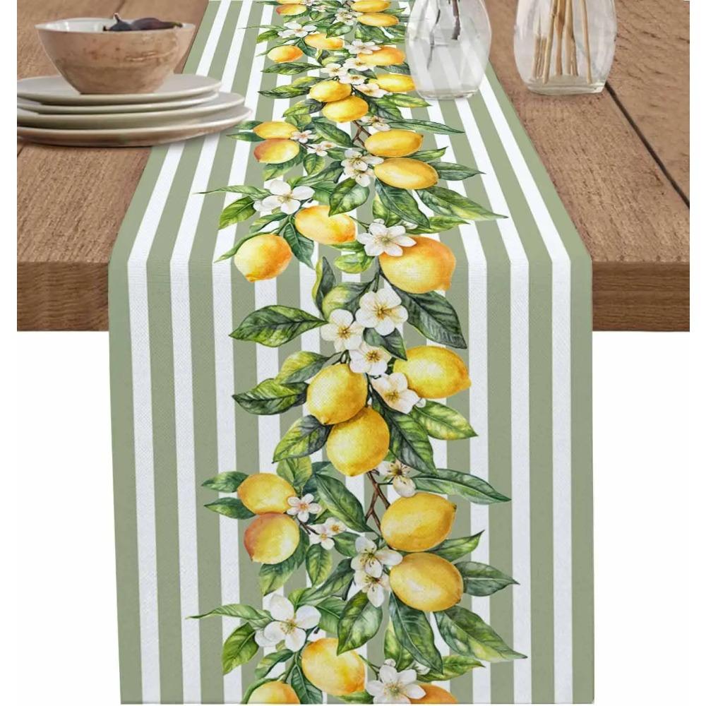 Sommer Zitrone Obst Blumen Leinen Tischläufer Kommodenschal Dekor Grün Weiß Gestreifte Tischläufer Feiertag Küche Party Dekor 180x33cm 70.8x13inch