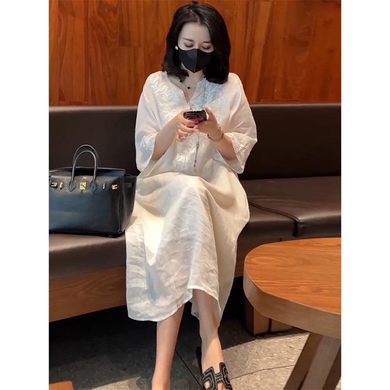 

Платье Wind Senior Heavy Industry с вышивкой и V-образным вырезом, женское, летнее, 2025 года, свободное и тонкое платье из мяса, комплект из двух предметов 2XL