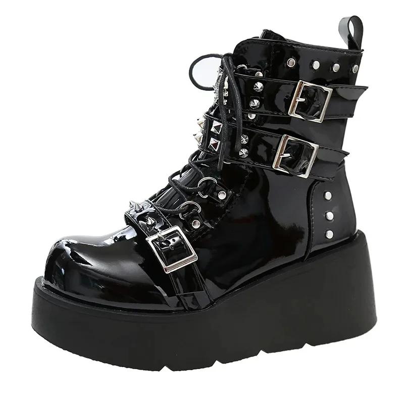 Fashion Punk Style Thick Bottom Motorcycle Boots Women's Platform Gothic Shoes Round Toe High Heel Ankle Booties Rubber Outsole