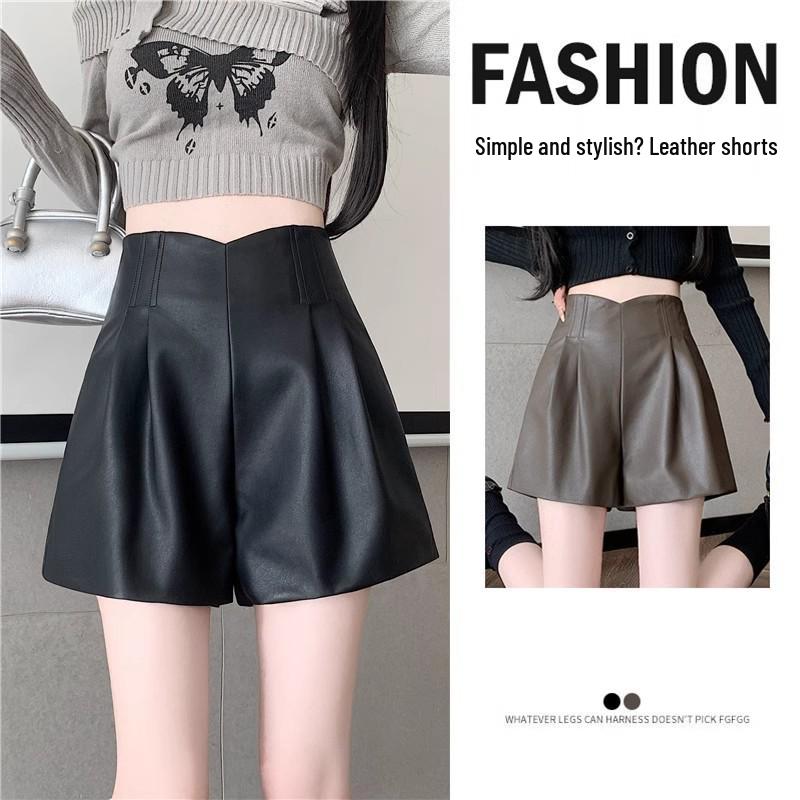 

Women s High-Waisted Leather Shorts: Autumn/Winter 2025 Plus Size Wide-Leg Slimming Fashion XL чорний