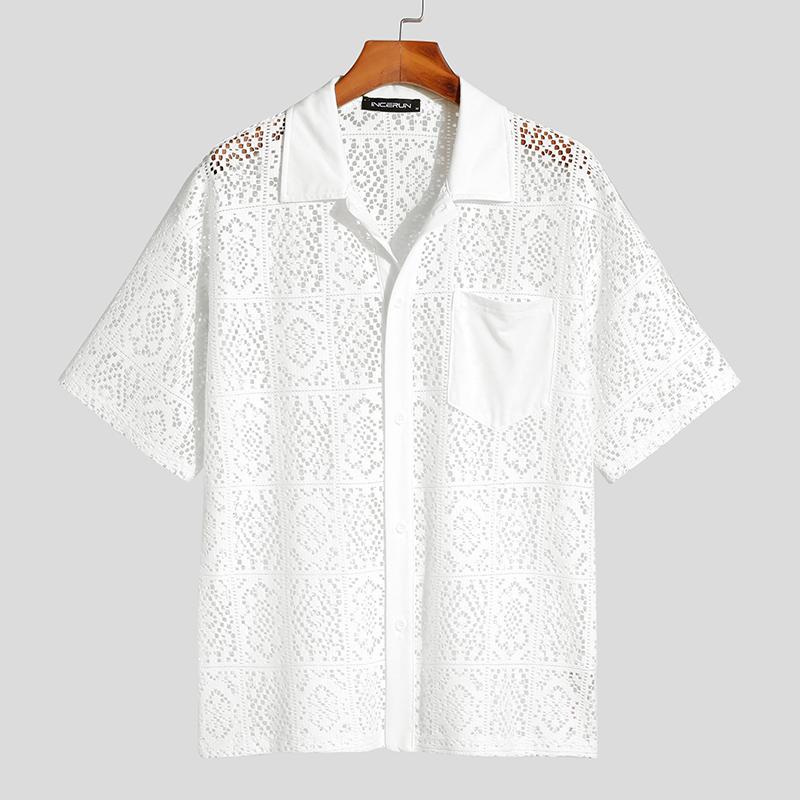 

INCERUN Летние мужские кружевные сетчатые прозрачные рубашки с коротким рукавом на пуговицах S белый