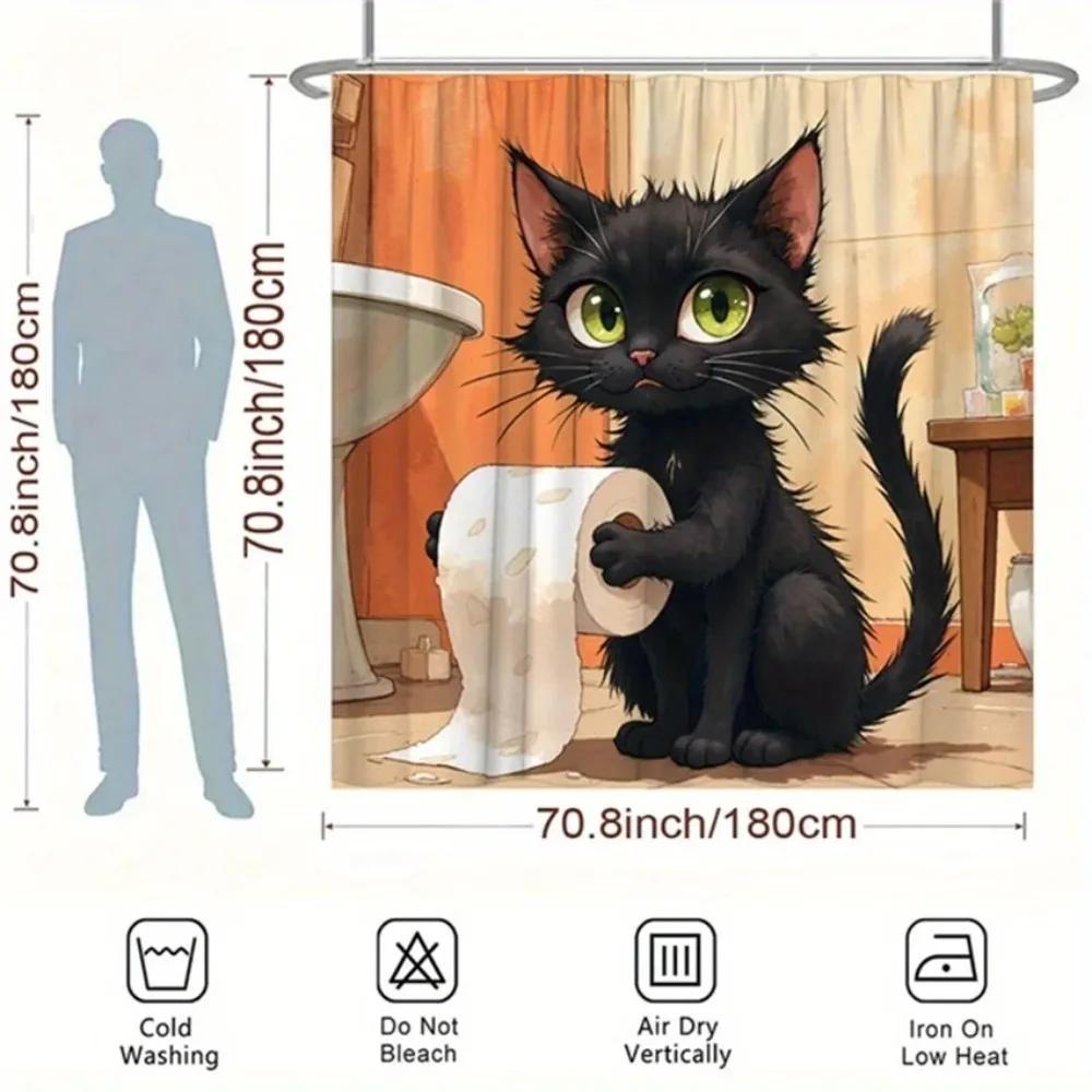 1Pc Black Cat Toilet Paper Shower Curtain - Green Eyes, Slightly Annoyed, Earthy Tones, Polyester, Humorous Design