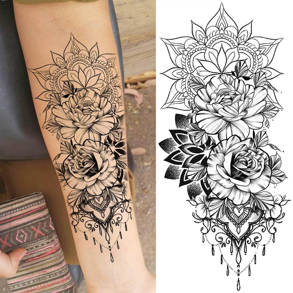 1 Sheet Flower Snake Temporary Tattoos For Women Girls Black Peony Rose Flora Sexy Tattoo Sticker Waterproof Self Adhesive Arm