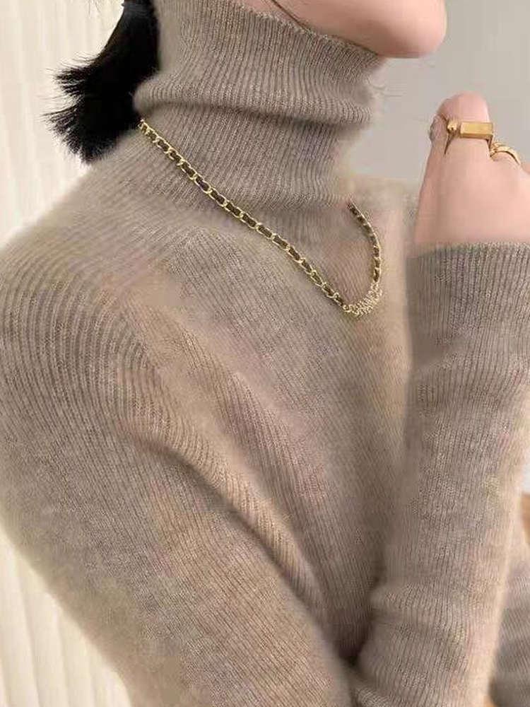 Women's Slimming Seamless High Neck Cashmere Sweater - 35% Cashmere, Perfect for Autumn/Winter