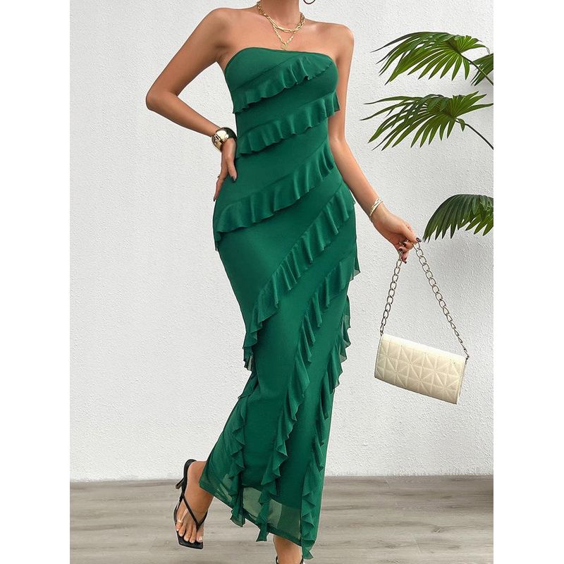 

European and American Women clothes 2025 Spring and Summer Sexy Sheath Solid Slim fit Tube Top Dress Green XL