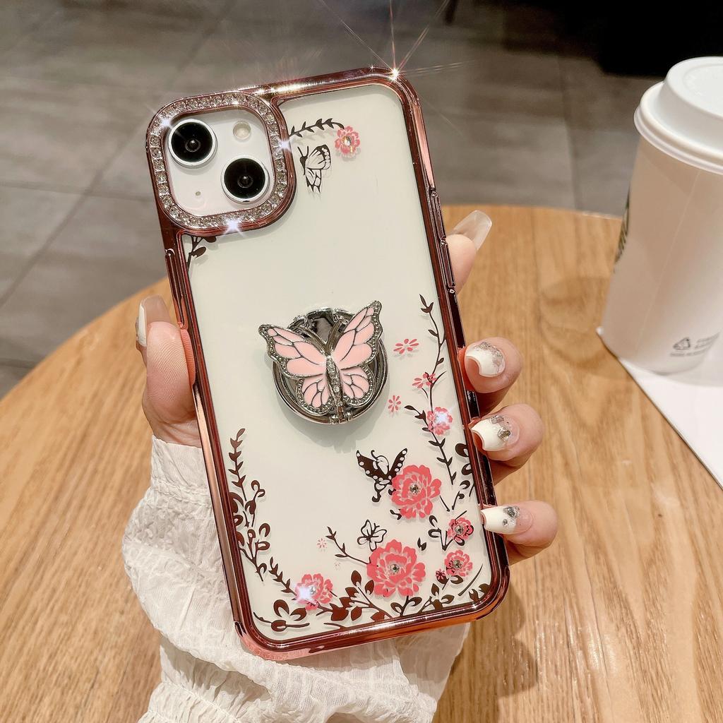 Applicable To Apple 15ProMax Phone Case, IPhone14 Electroplated Butterfly Ring Stand, Lens Flash Diamond Protective Case