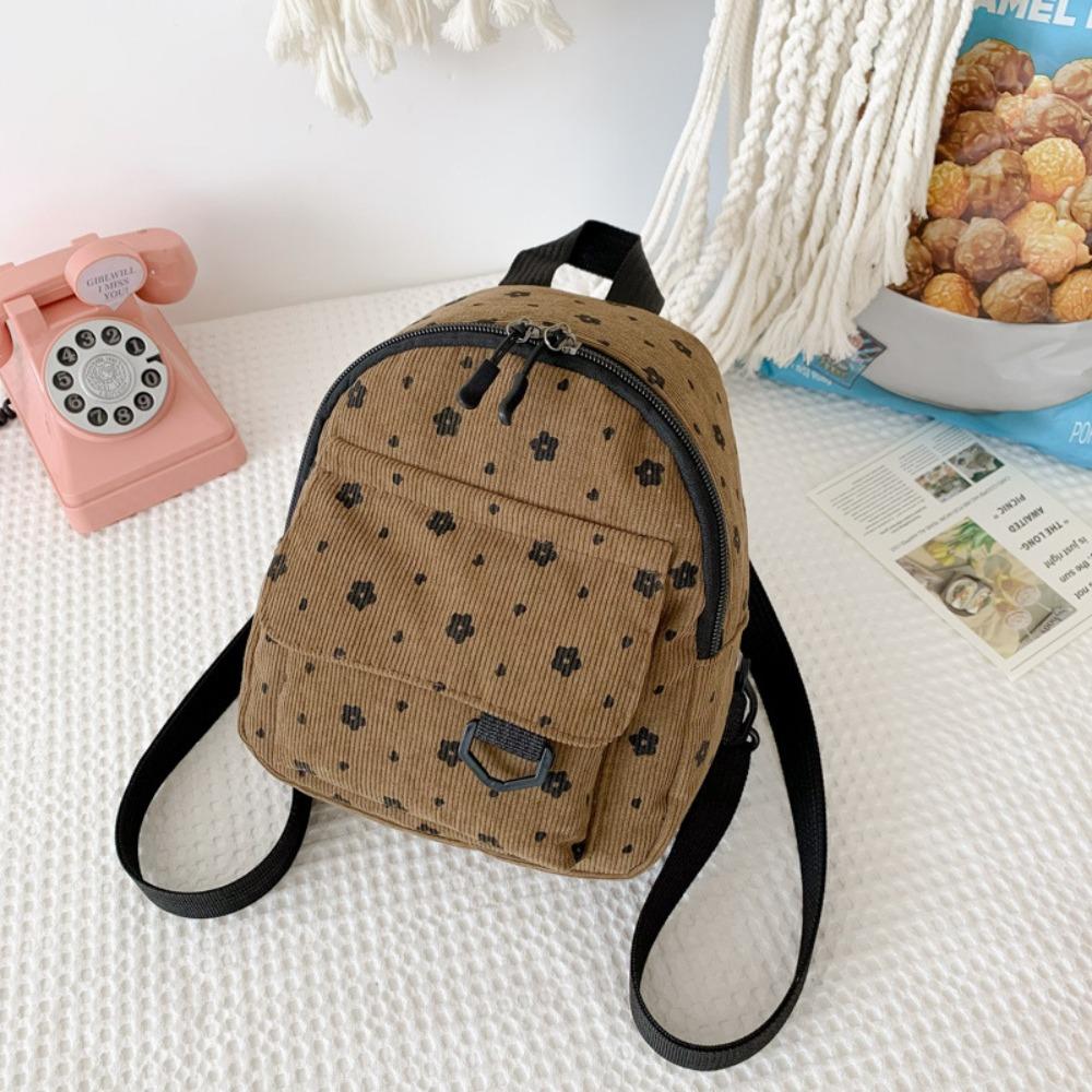 

Cute Flower Print Small Backpacks Lightweight Multiple Pocket Corduroy Mini Backpack Ladies Fashion Women Shoulder Bag 4Colors коричневый