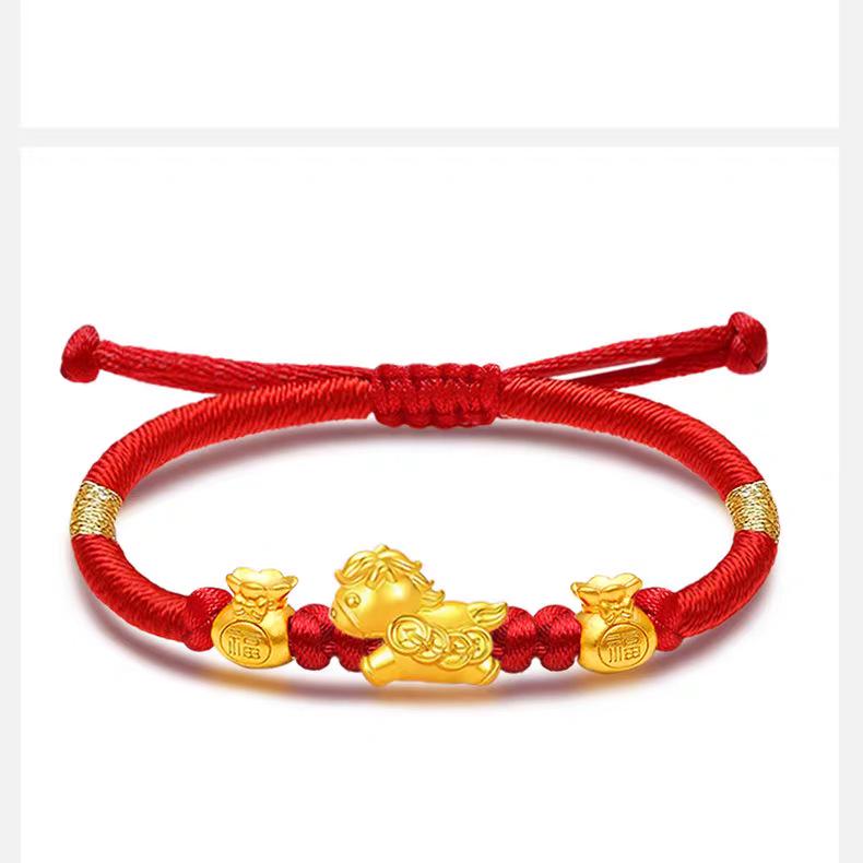 Handmade Red String Bracelet with Gold Ingot and Beads for Zodiac Year of the Horse - Immediate Wealth Lucky Charm