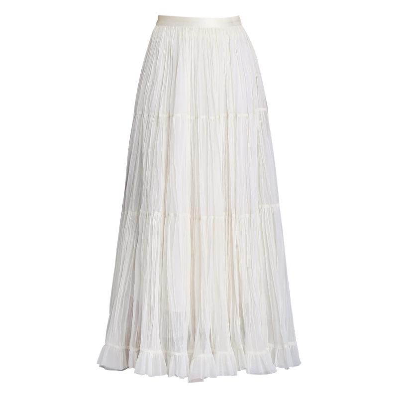 Women's 2026 Retro Ruffled Pleated Mesh Skirt - Slimming Elastic Waist, Early Spring