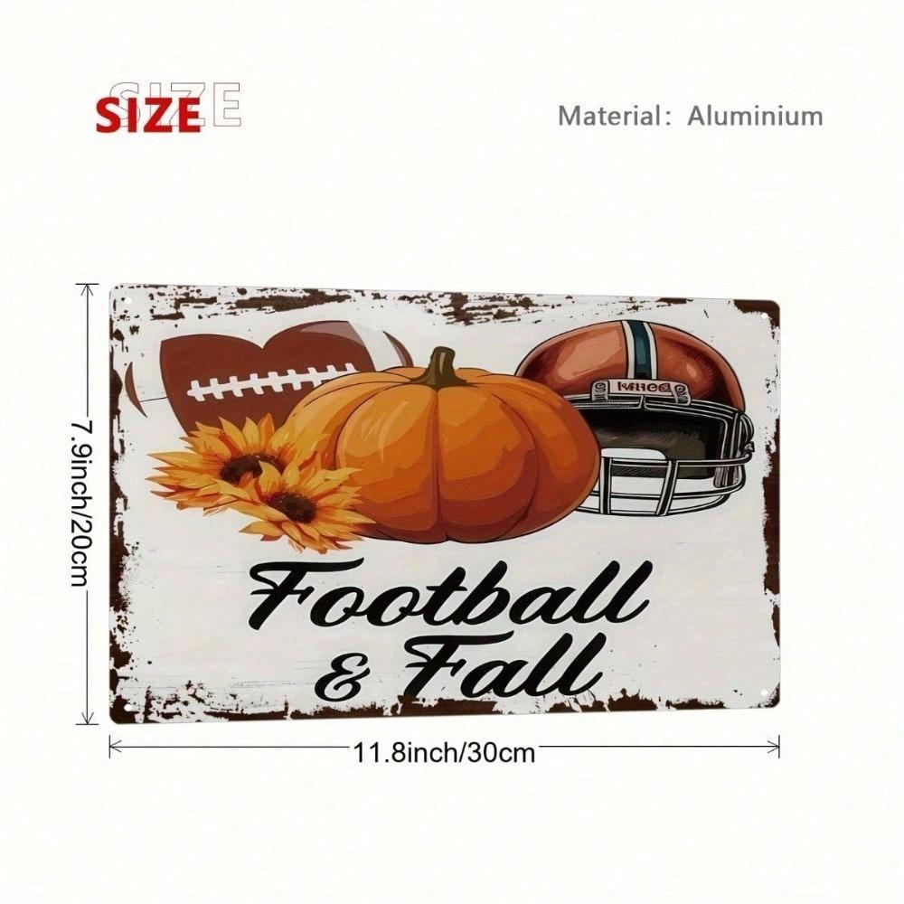 Vintage Metal Tin Sign 8x12, Football Helmet Pumpkin Sunflower Wall Decor, Rustic Fall Print