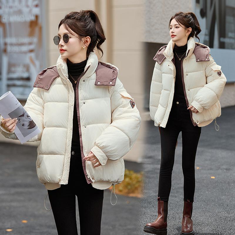 

Korean Pink Contrast Short Cotton-padded Women s New Winter Coat Hooded Thickened College Style Bread Short. XL белый