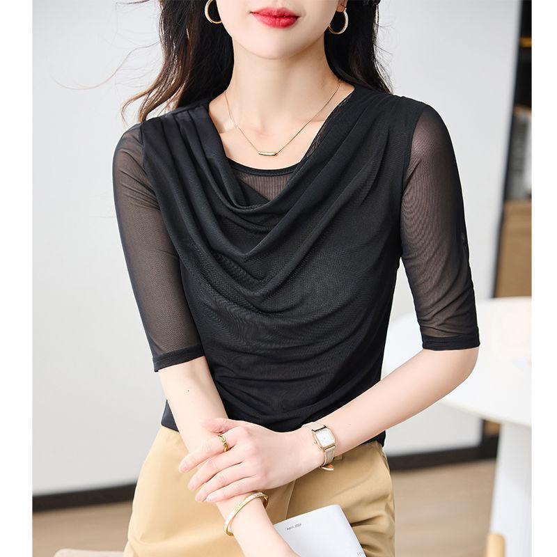 Letní síťovaný dámský nový top s krátkým rukávem dámské stylové oversized tričko s polovičním rukávem