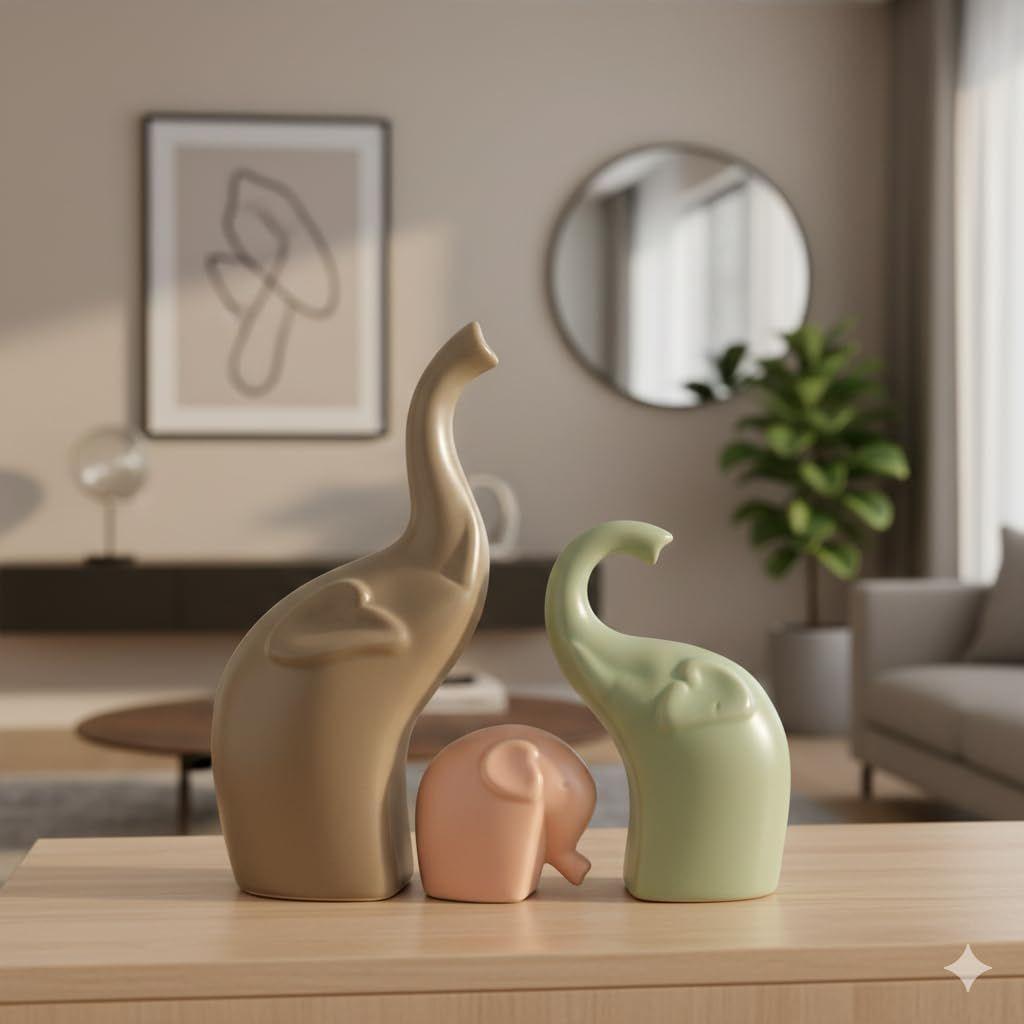 Lephant Family Matte Finish Ceramic Figures | Home Decor Living Room Decorative Items Showpieces House Warming