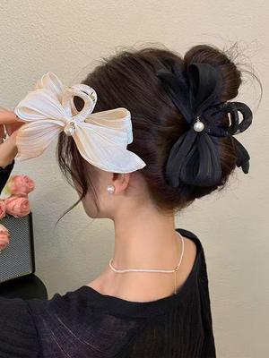 1pc Elegant Imitation Pearl Pleated Bow Large Back of the Head Pan Hair Grip Clip, Suitable for Daily Leisure, Travel and Party