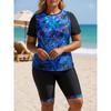 Women S Plus Size Split Swimsuit Printed Blue Coconut Tree Sleeveless Swimwear