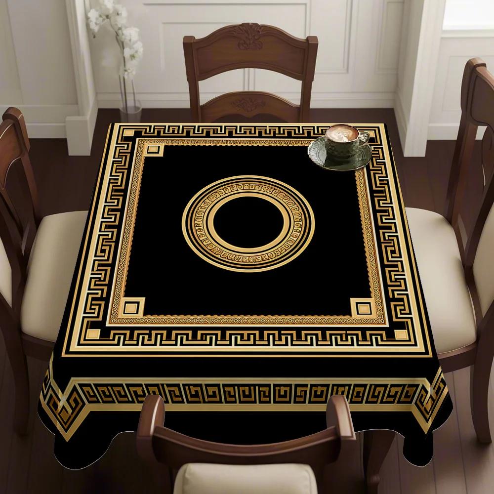JIT1PC Black Gold Greek Repeating Pattern Square Tablecloth, suitable for dining room, coffee table, and living roomxzj