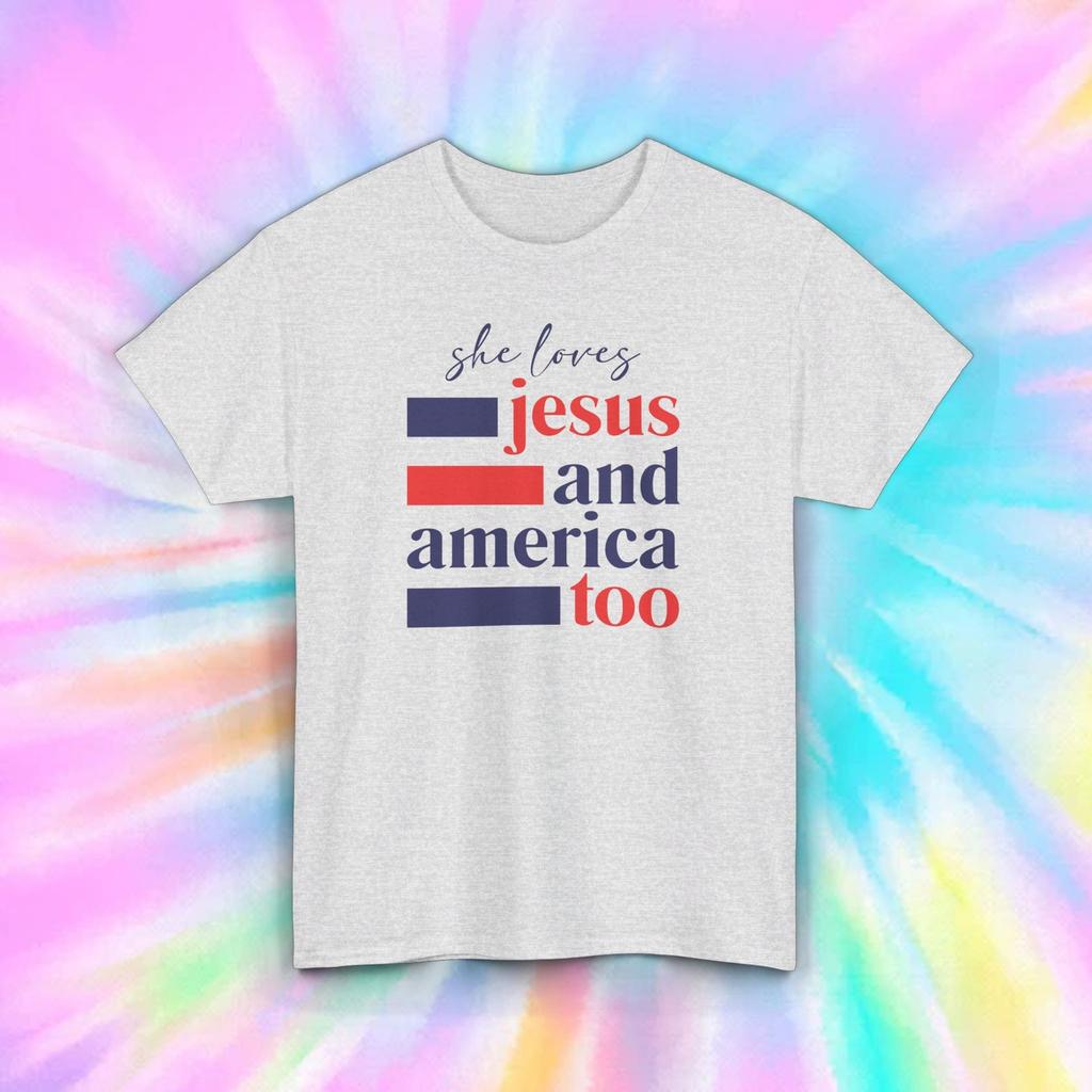 Jesus and America T-Shirt Mens Womens Tees Top | She Loves Patriotic Christian Tee | Faith Shirt