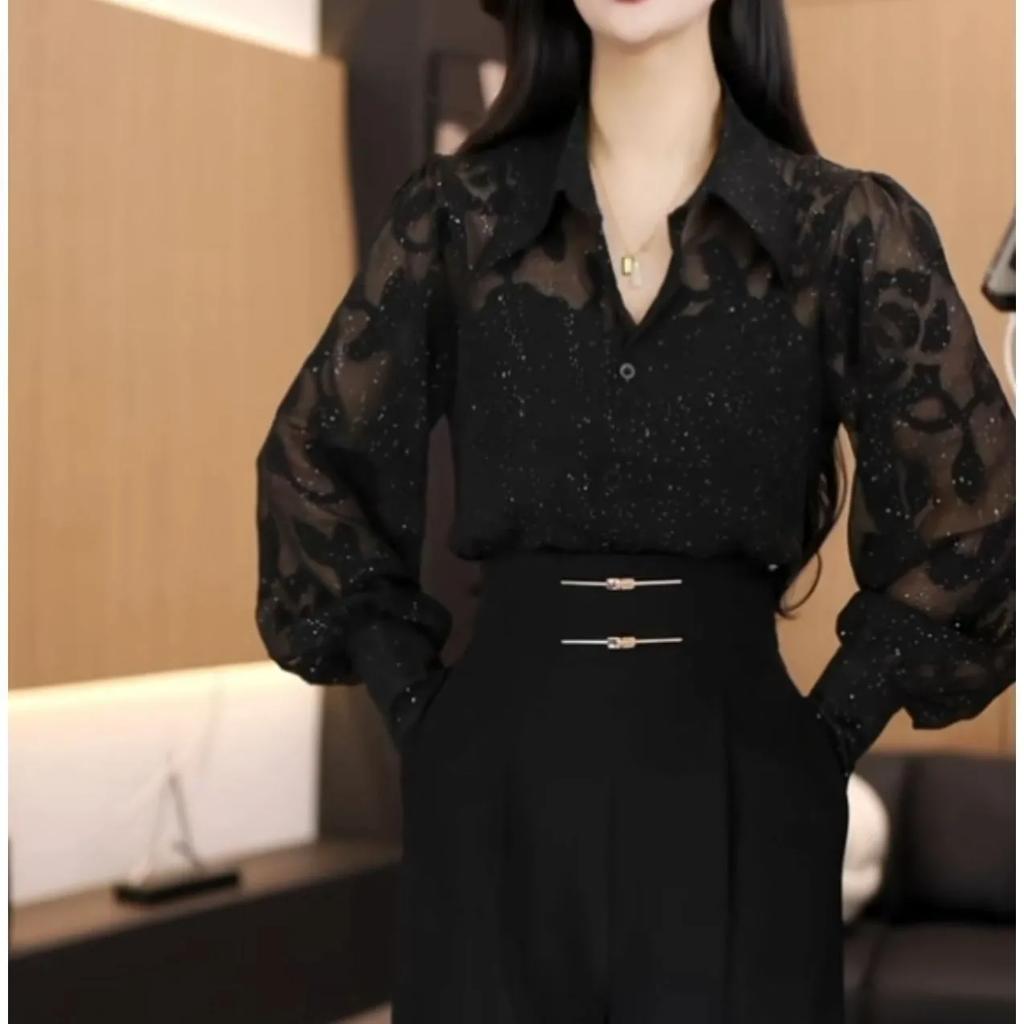 Women's Spring Slimming Elegant Sun Protection Shirt Long-Sleeve Sequined Black Blouse