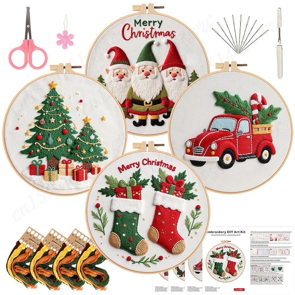 Christmas DIY Embroidery Needlepoint Starter Kits with Pattern Cotton Needles & Instruction DIY Cross Stitch Kits for Beginners