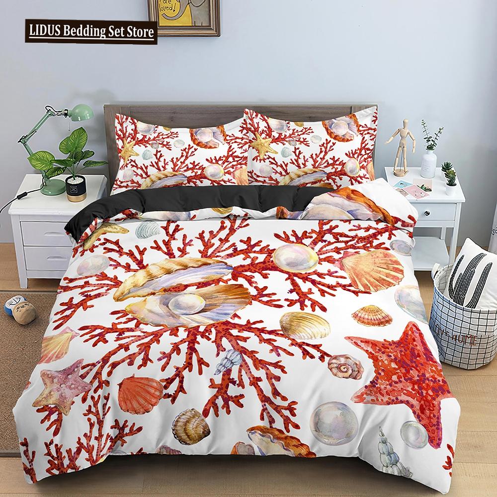 Комплект пододеяльника Ракушка Морская звезда Краб Морские животные Каваи Полиэстер Чехол для одеяла Для детей Мальчиков Девочек Постельное белье Комплект Кинг Полный размер