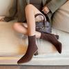 6CM Niche Fashion Simple Elastic Thin Boots 2025 Autumn and Winter New Square Head Thick Heel Rear Zipper High Heel Short Boots