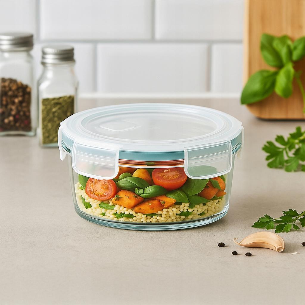 Hermetic Round Glass Container 950 Ml for Food, Dinner, Lunch