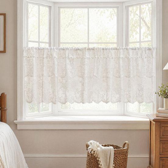 White Lace Window Valance, Sheer Vintage Floral Lace Short Curtain, Light Filtering Valance Curtain with Rod Pocket for Basement Kitchen Window