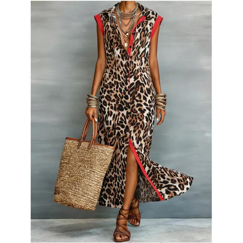 Summer Women Leopard Graphic Print Dress Fashion Elegant Casual Lapel Button Sleeveless Tank Long Dresses Ladies Slim Maxi Dress