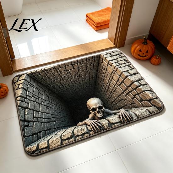 Heavy Duty Entry Mat 3D Skeleton Halloween Rug, Spooky Optical Illusion Entrance Depth Indoor Entryway Pattern Non-Slip Floor for Living Room Bedroom
