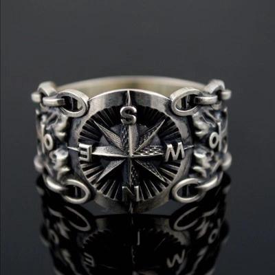 Retro Zeeman Navigatie Kompas Ring Voor Mannen Punk Gotisch Rock Hiphop Open Ring Handgemaakt Zirconium Motorrijders Accessoires Unisex Cadeau
