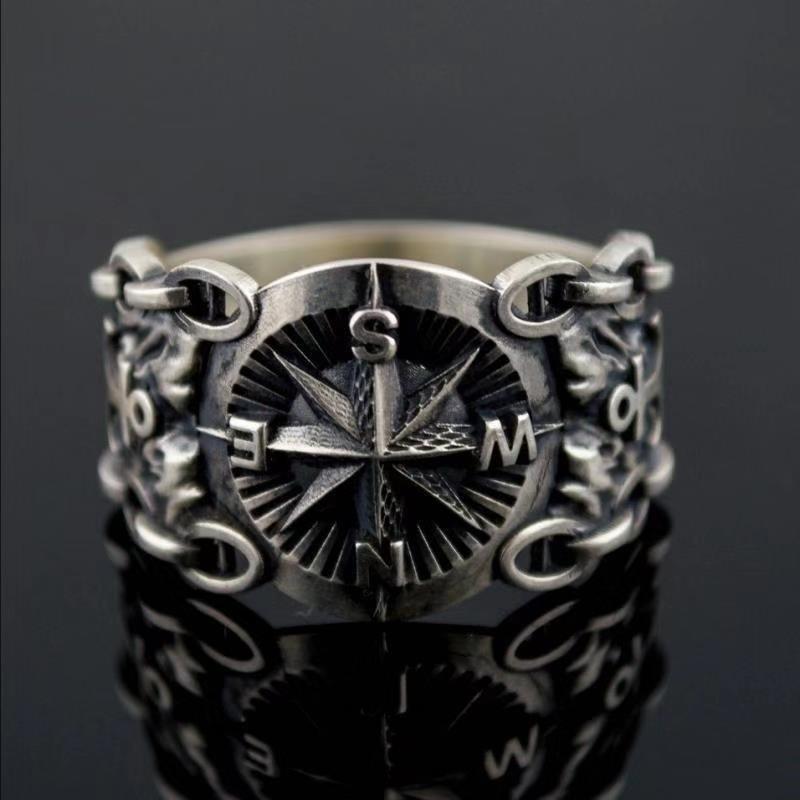 Retro Sailor Navigation Compass Ring For Men Punk Gothic Rock Hiphop Open Ring Handmade Zircon Bikers Accessories Unisex Gift
