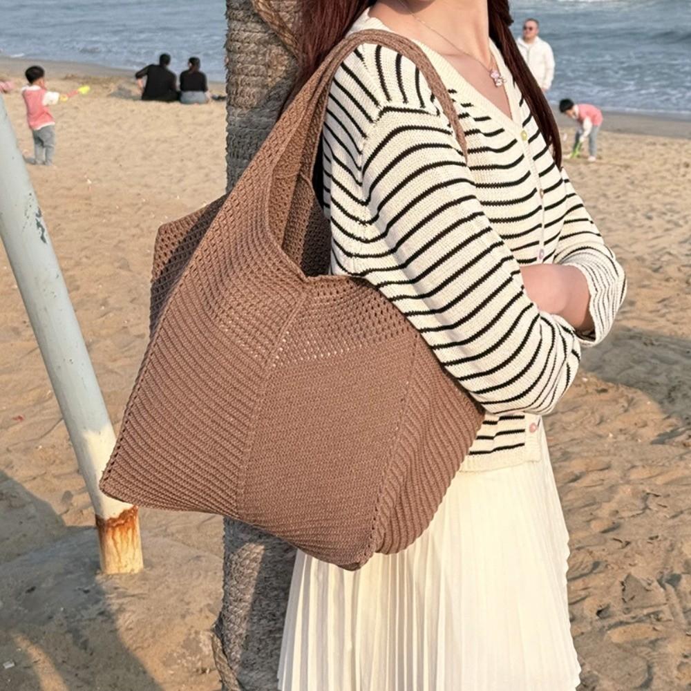 

Square Hollow Out Woven Shoulder Bags Solid Color Crochet Beach Handbag Large Capacity Knitted Shopping Tote Bag Summer коричневый
