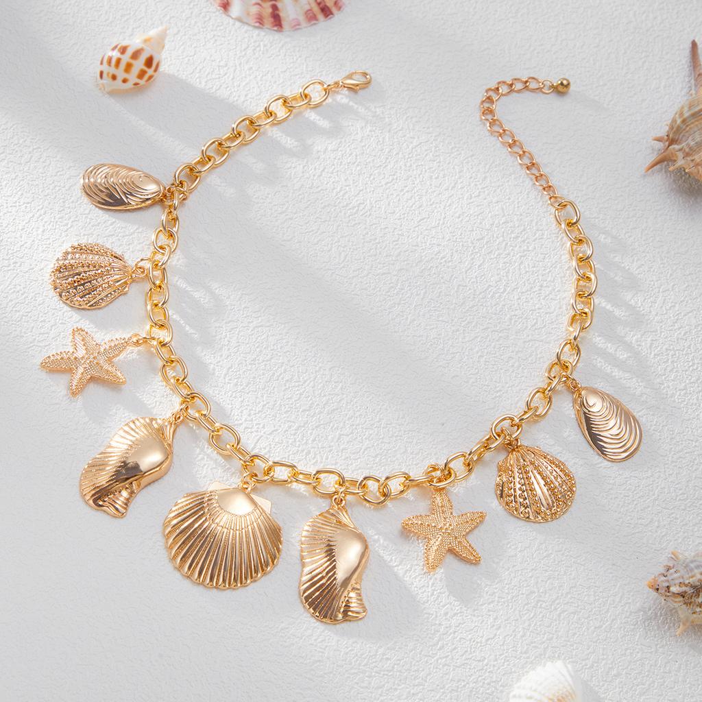 Holiday Style Exaggerated Starfish Scallop Shell Pendant Necklace, Beach Marine Metal Collarbone Necklace