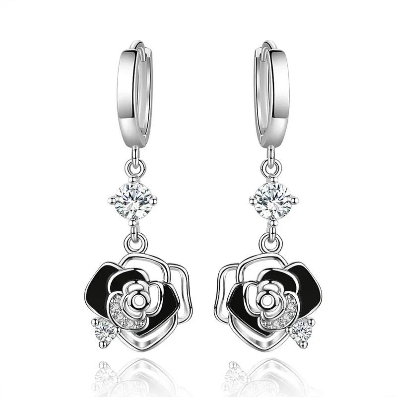 

New Trendy 925 Silver Earrings For Women Vintage Black Hollow Rose Flower Ear Jewelry Lady Anniversary Accessories серебряный