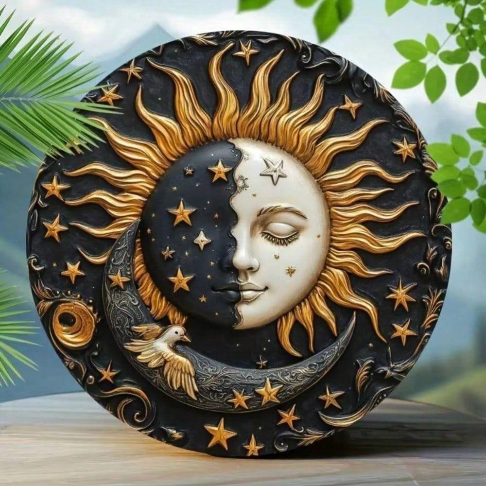 Round Metal Poster Sun Moon Waterproof Tin Sign for Wall Rustic Bar Cafe Home Decor Metal Plate with Holes