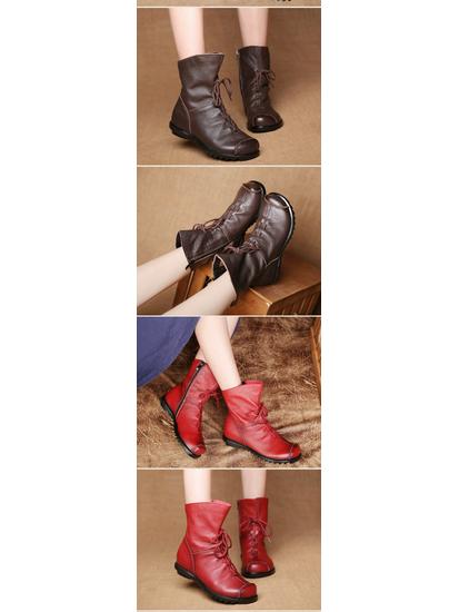 Original Genuine Leather Low Heel Ankle Boots - Retro Style for Autumn/Winter Women's Fashion