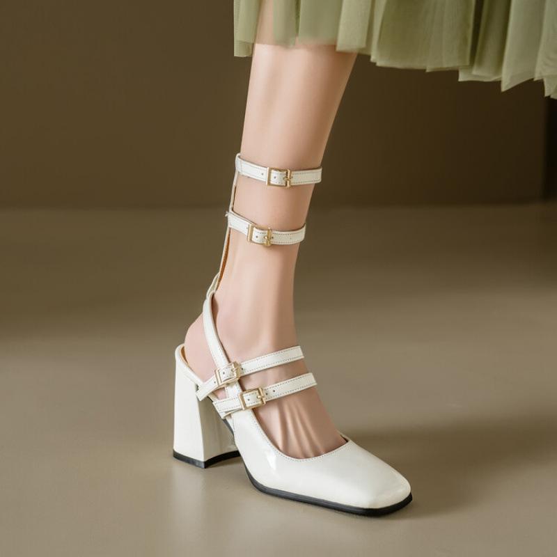 Summer Square Head Rear Empty High-heeled Sandals New Women's Roman Sandals Casual Patent Leather Large Size Shoes Waterproof Table Heel