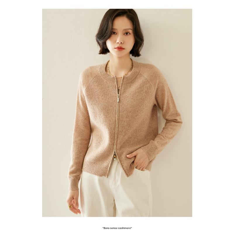 Round Neck Cashmere Cardigan for Women In Autumn and Winter Fashion Versatile Zipper Cardigan Jacket Long Sleeve Knitted Sweater