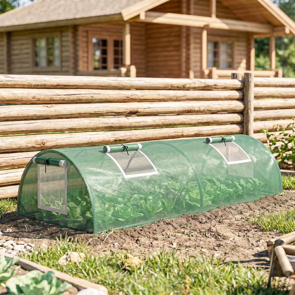 Mini Garden Greenhouse, Tunnel for Tomatoes, 200 X 80 X 45 Cm, Steel, PE, 4 Mesh Doors, Green