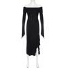 Women's Solid Colour Temperament One Shoulder Long Ruffle Hem Split Long Sleeve Dresses