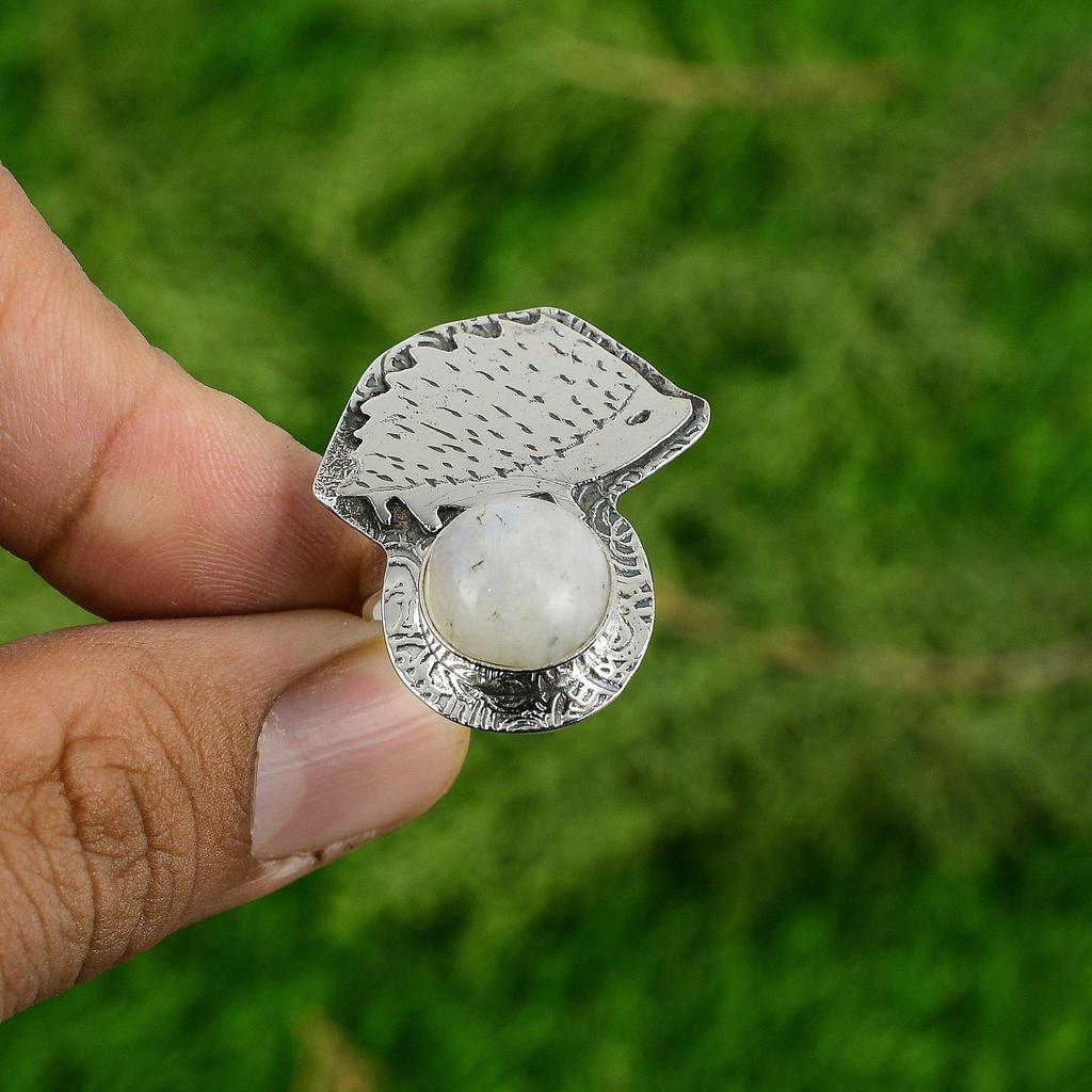 Round Natural Rainbow Moonstone Mother Promise Wedding Ring Jewelry 925 Silver