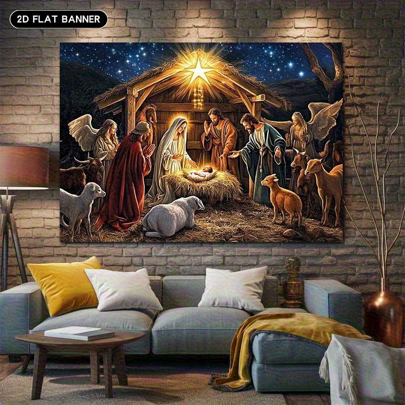 A 1pc 2D flat Christmas scene background, featuring angels, shepherds, animals and bright stars as the theme.zyc