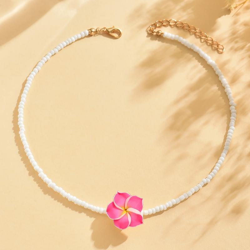 1pc Beaded Necklace for Women White Beads with Pink Floral Accent, Perfect for Daily Wear & Beach Vacations, Vacation Jewelry