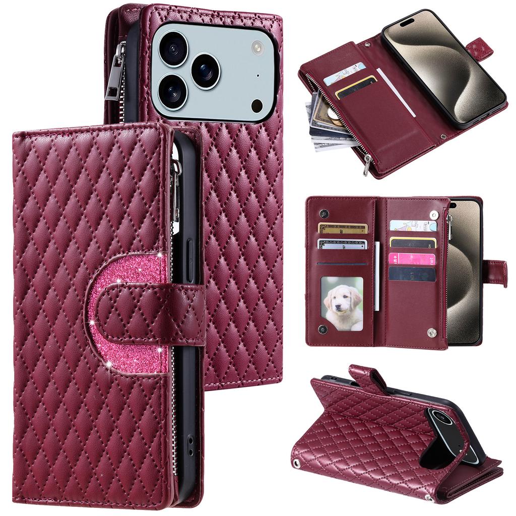 For iPhone 17 Pro Max Case Zipper Pocket Glitter Leather Phone Cover with Wrist Strap