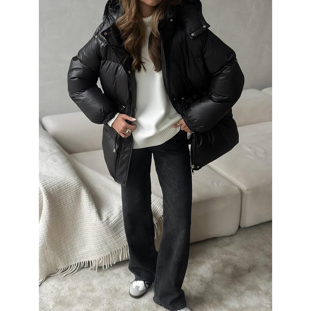 2025 Winter New Women's Drawstring Slim Fit Cotton Coat with Hood Zipper Warm Comfortable Outerwear for Europe and America