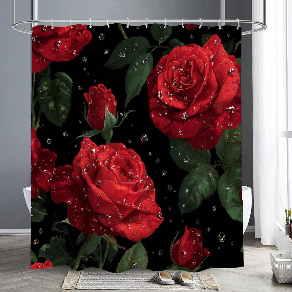 Rosebud Shower Curtain, Floral Plants, Spring Bathroom Decorative Shower Curtain, Waterproof Shower Curtain With Hooks
