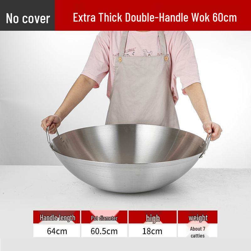 Extra Thick Stainless Steel Double Ear Wok - Large Round Bottom Pot for Commercial Kitchens, Gas Stove Compatible