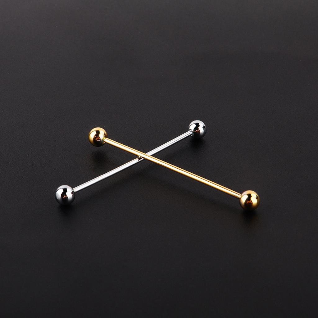 2 Pcs Men Gold Plated Tone Steel Collar Tie Pin Stud Barbell Bar Clip Clasp Brooch 6CM